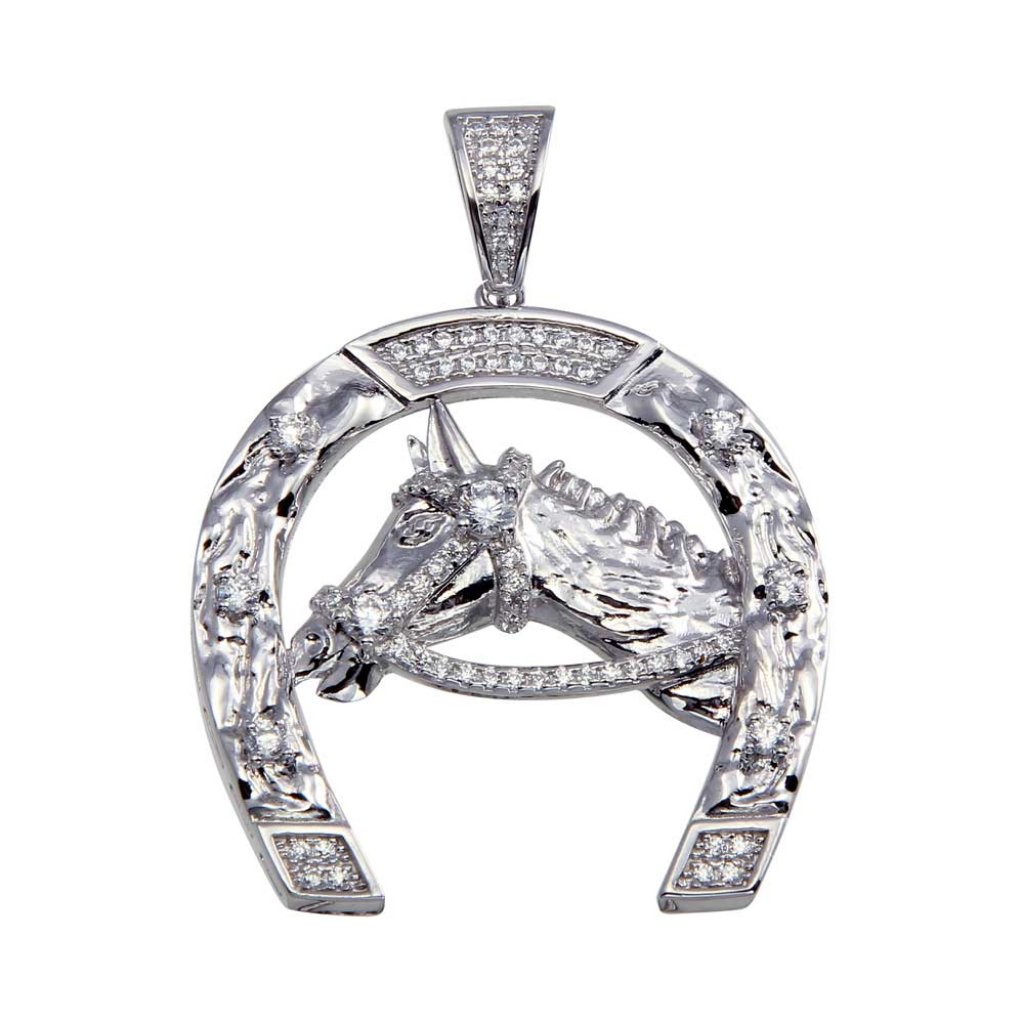 925 Sterling Silver Horse And Horseshoe Hip Hop Pendant Necklace 78$